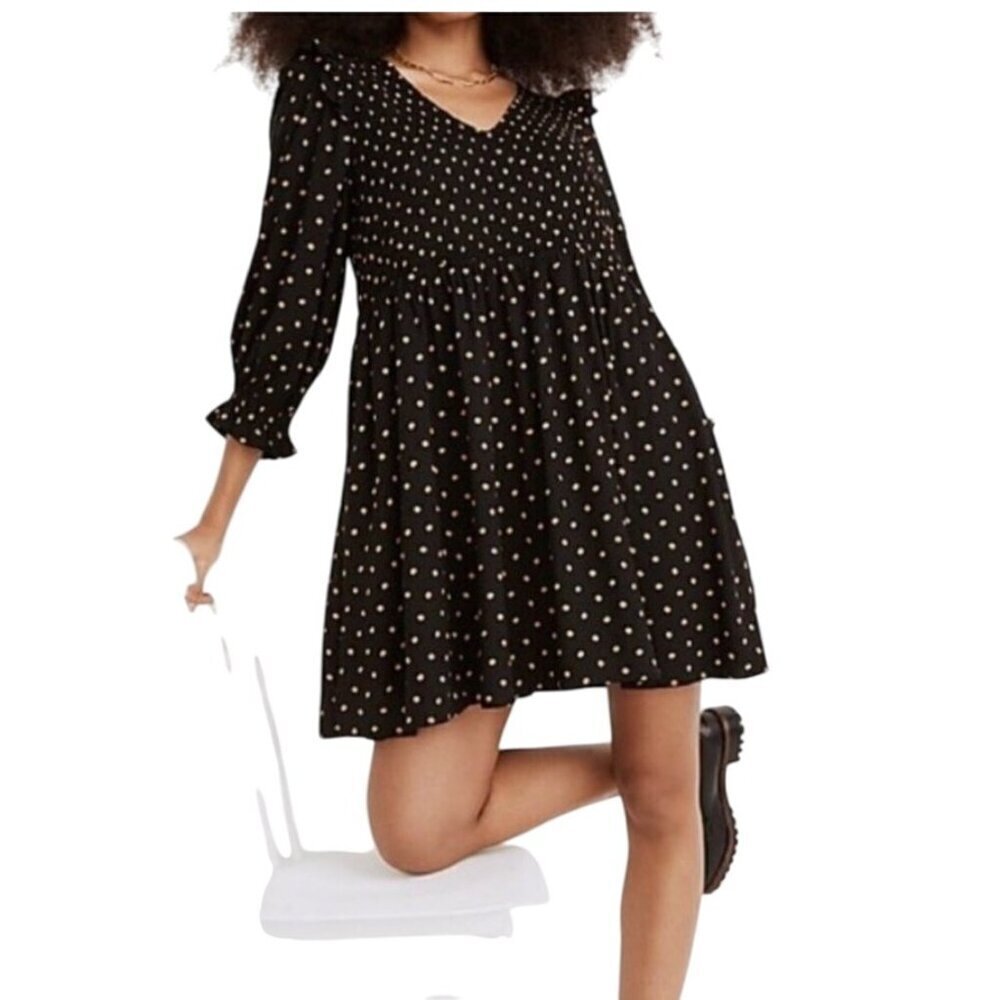 Madewell Lucie V-neck smocked ruffle peasant black mini dress w/ 3/4 sleeve